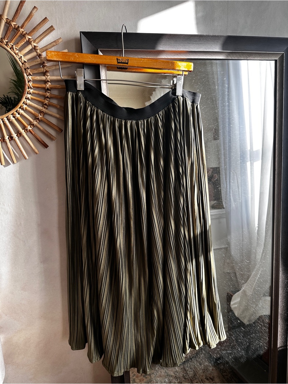 Pleated Midi Skirt in Olive with Black Waistband
